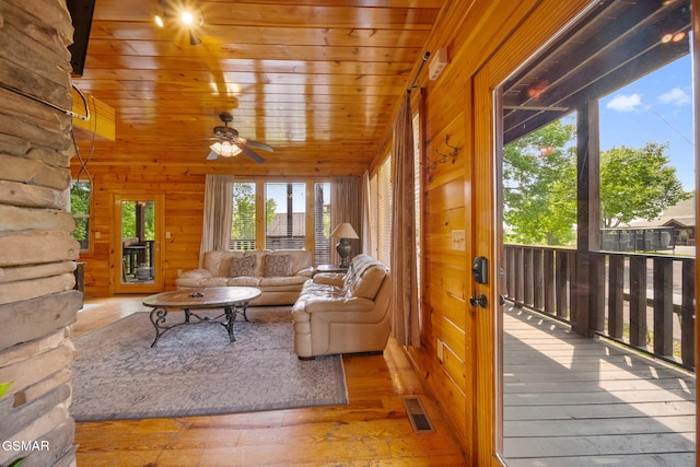 368 Oak Lake Dr, Sevierville, TN 37876 - living room featuring ceiling fan, wood walls, hardwood / wood-style flooring, and wood ceiling