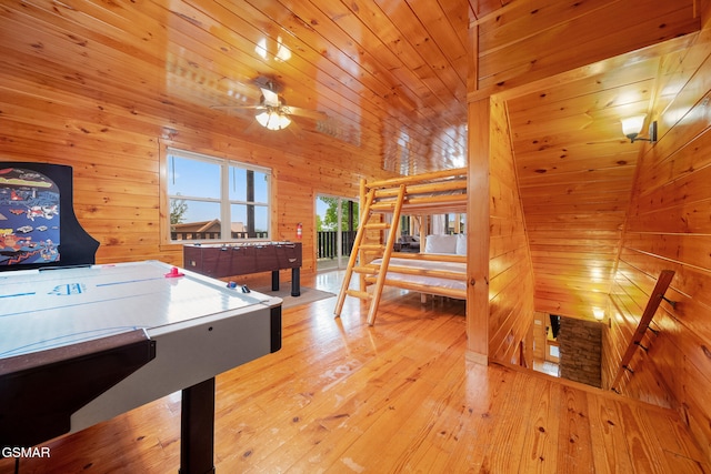 368 Oak Lake Dr, Sevierville, TN 37876 - rec room featuring wood walls, ceiling fan, wood-type flooring, and wood ceiling