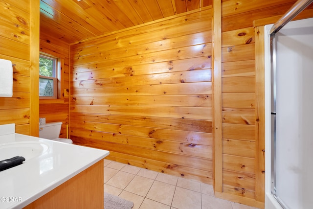 368 Oak Lake Dr, Sevierville, TN 37876 - full bathroom featuring a shower with door, tile patterned floors, vanity, wooden walls, and a sauna / steam room