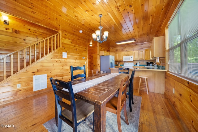 368 Oak Lake Dr, Sevierville, TN 37876 - dining room featuring wooden walls, a chandelier, light wood-style floors, wood ceiling, and stairs