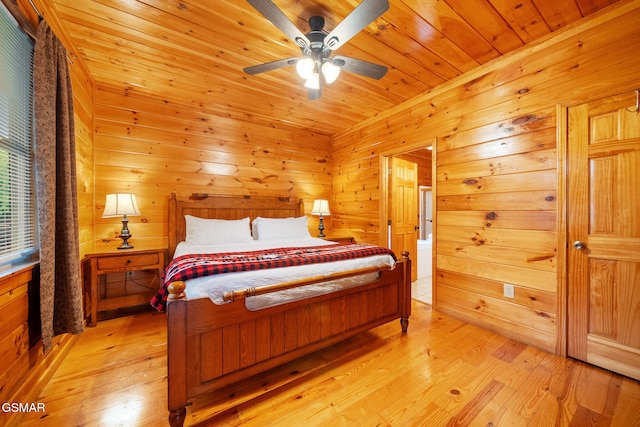368 Oak Lake Dr, Sevierville, TN 37876 - bedroom with light wood finished floors, wood ceiling, wood walls, and ceiling fan
