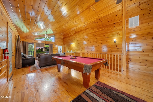 368 Oak Lake Dr, Sevierville, TN 37876 - game room featuring wooden walls, hardwood / wood-style floors, billiards, lofted ceiling, and ceiling fan