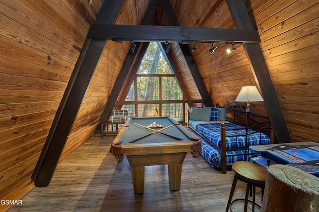 playroom with rail lighting, wood ceiling, pool table, vaulted ceiling with beams, and wood walls