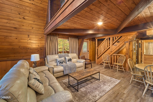 living room featuring wood ceiling, lofted ceiling with beams, wood walls, and wood-type flooring