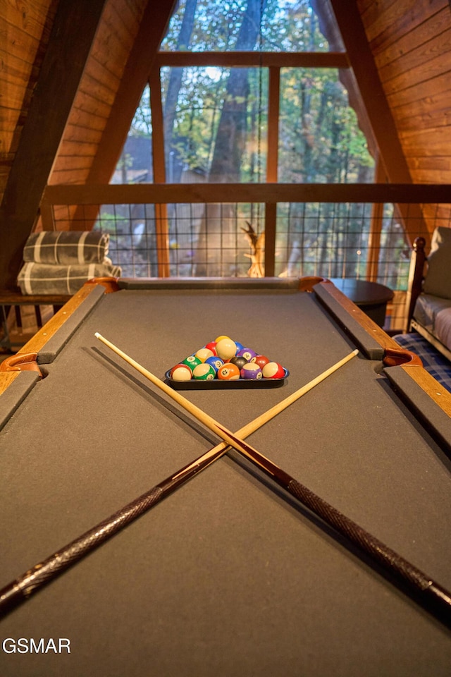 game room with beamed ceiling, wood ceiling, and billiards