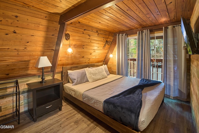 bedroom featuring access to outside, lofted ceiling with beams, wood ceiling, and wood-type flooring