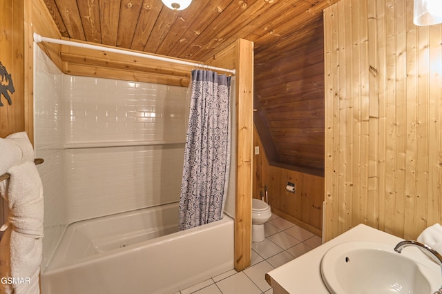 full bathroom featuring wood walls, tile patterned floors, shower / bath combination with curtain, toilet, and wood ceiling