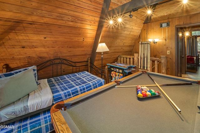 bedroom featuring rail lighting, wooden ceiling, lofted ceiling with beams, wood walls, and pool table