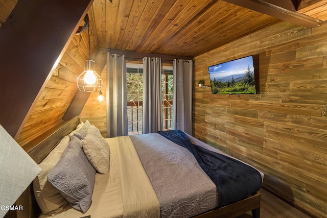 bedroom featuring access to outside, wood walls, and wooden ceiling