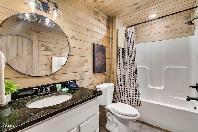 full bathroom with toilet, shower / bathtub combination with curtain, wooden ceiling, and wood walls