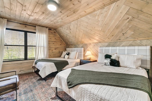 bedroom with wooden walls, vaulted ceiling, and wooden ceiling