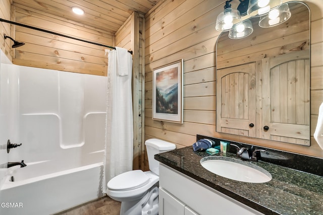 full bathroom with shower / bath combination with curtain, wood ceiling, vanity, wooden walls, and toilet