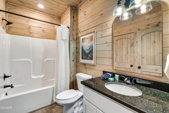 1649 Parkway Ter, Gatlinburg, TN 37738 - full bathroom with shower / bath combination with curtain, wood ceiling, vanity, wooden walls, and toilet