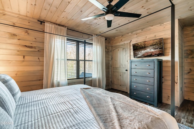 bedroom featuring ceiling fan, wood walls, wood ceiling, and dark wood-type flooring