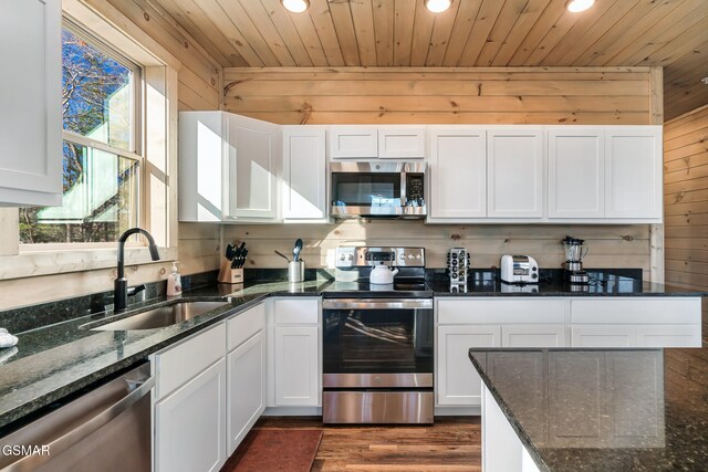 kitchen with wooden walls, wood ceiling, sink, and appliances with stainless steel finishes