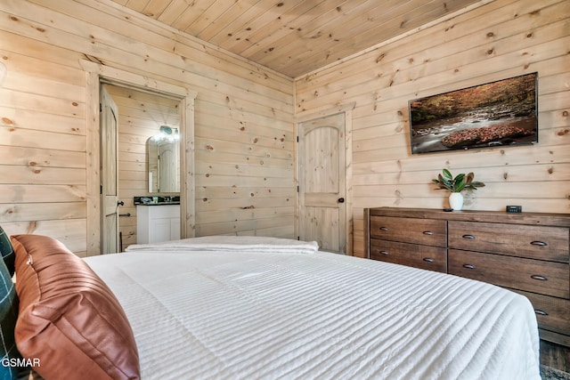 bedroom with wood walls, wooden ceiling, and connected bathroom