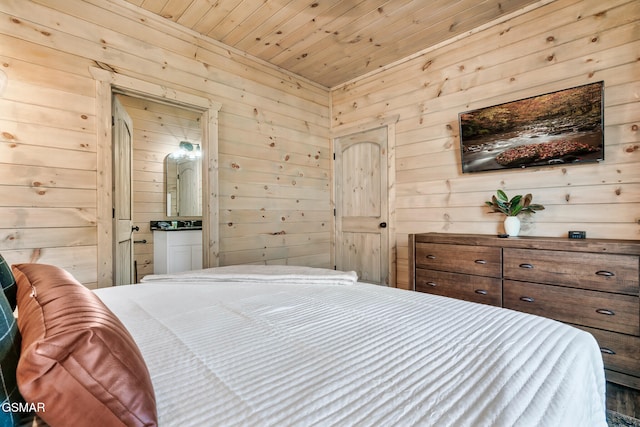 1649 Parkway Ter, Gatlinburg, TN 37738 - bedroom with wood walls, wooden ceiling, and connected bathroom