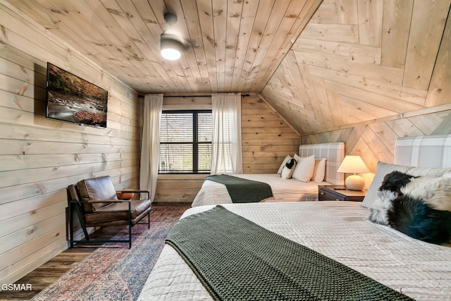 1649 Parkway Ter, Gatlinburg, TN 37738 - bedroom with dark hardwood / wood-style flooring, wooden ceiling, wooden walls, and vaulted ceiling