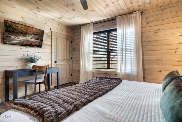 bedroom with wood walls, wood-type flooring, and wooden ceiling