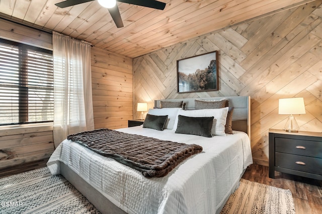 bedroom with ceiling fan, wood walls, dark hardwood / wood-style flooring, and wood ceiling