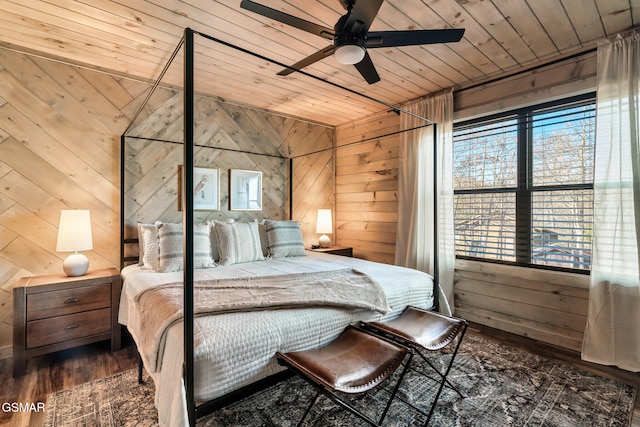 bedroom featuring ceiling fan, dark wood-type flooring, wooden ceiling, and wood walls