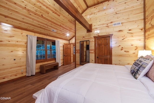 bedroom with lofted ceiling with beams, wood-type flooring, wooden ceiling, and wooden walls