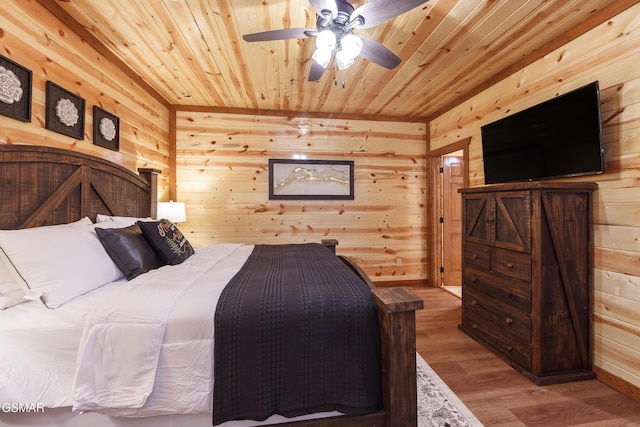 bedroom with hardwood / wood-style flooring, ceiling fan, wood walls, and wood ceiling