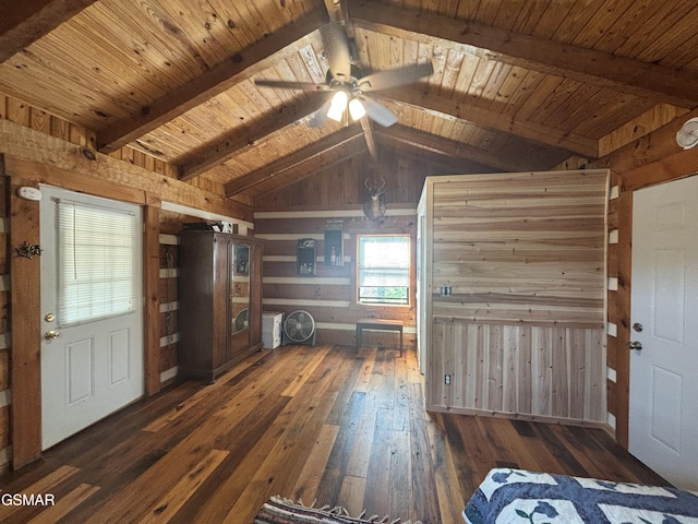 864 Fugate Rd, Del Rio, TN 37727 - entrance foyer featuring wooden walls, dark wood-style floors, wooden ceiling, and ceiling fan