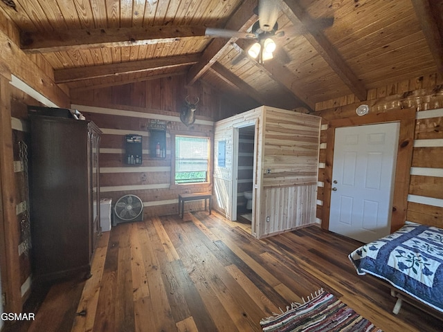 864 Fugate Rd, Del Rio, TN 37727 - unfurnished bedroom with wood walls, dark wood finished floors, wooden ceiling, and ceiling fan