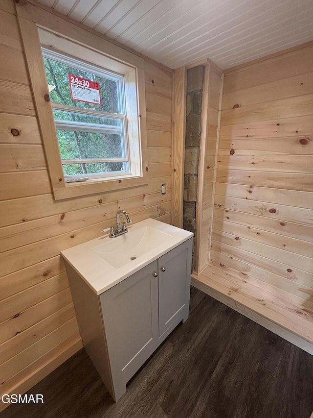 864 Fugate Rd, Del Rio, TN 37727 - bathroom with wooden walls, wood finished floors, vanity, and wood ceiling