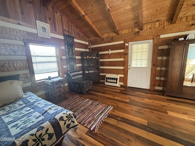 864 Fugate Rd, Del Rio, TN 37727 - bedroom featuring wood walls, heating unit, hardwood / wood-style flooring, and wooden ceiling