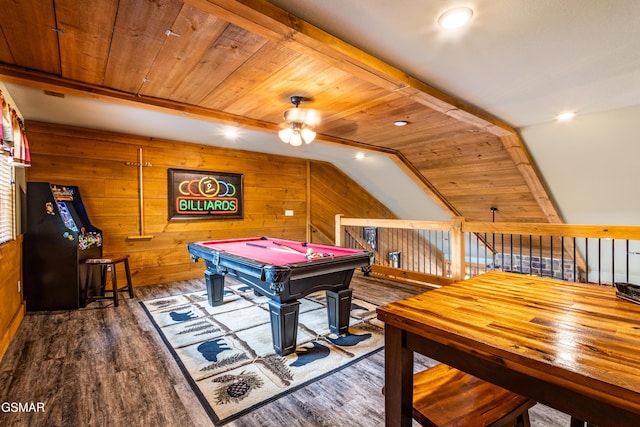 1128 Anastasia Way, Gatlinburg, TN 37738 - rec room with wood finished floors, billiards, a ceiling fan, wood walls, and lofted ceiling