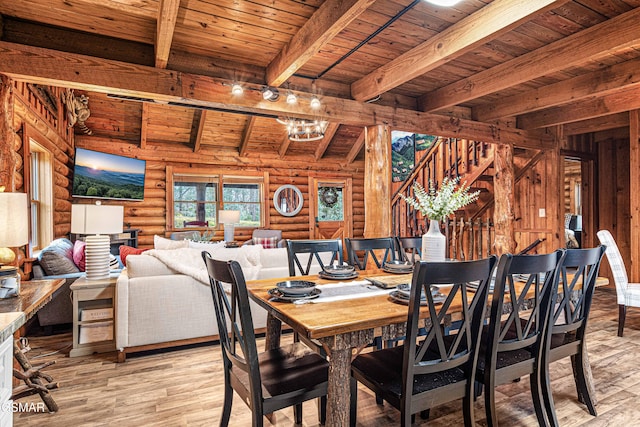 3115 E E Pkwy, Gatlinburg, TN 37738 - dining room with beam ceiling, log walls, light wood-style floors, wood ceiling, and stairs