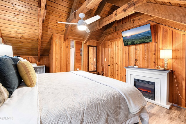 3115 E E Pkwy, Gatlinburg, TN 37738 - bedroom featuring light wood-type flooring, a brick fireplace, wood walls, and lofted ceiling with beams