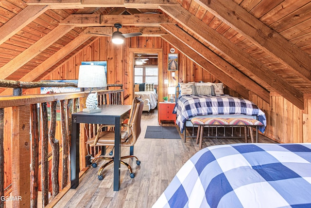 3115 E E Pkwy, Gatlinburg, TN 37738 - unfurnished bedroom featuring wood ceiling, wood walls, lofted ceiling with beams, and wood finished floors