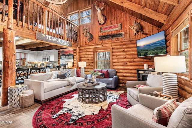 3115 E E Pkwy, Gatlinburg, TN 37738 - living room featuring wooden ceiling, wood finished floors, log walls, high vaulted ceiling, and beam ceiling
