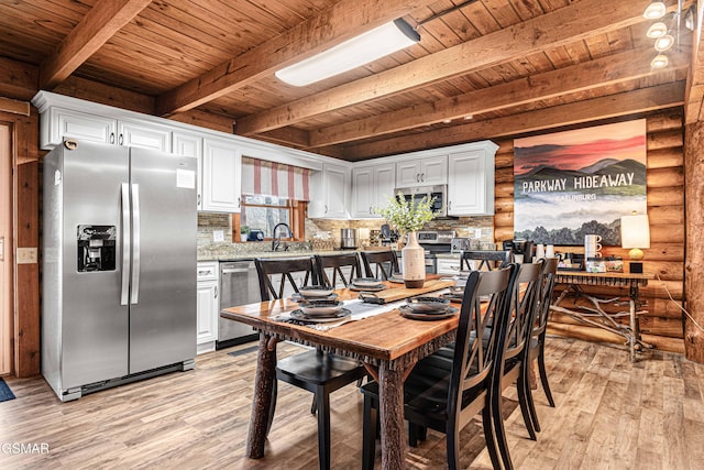 3115 E E Pkwy, Gatlinburg, TN 37738 - dining area featuring rustic walls, wooden ceiling, and light wood-style flooring