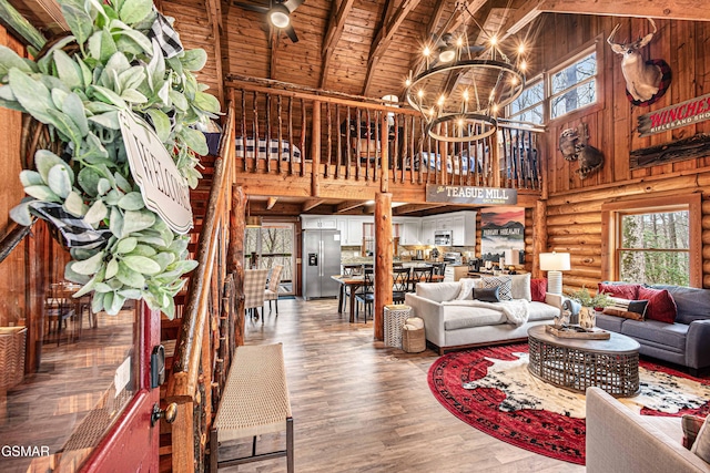 3115 E E Pkwy, Gatlinburg, TN 37738 - living area with rustic walls, an inviting chandelier, wood finished floors, high vaulted ceiling, and wooden ceiling