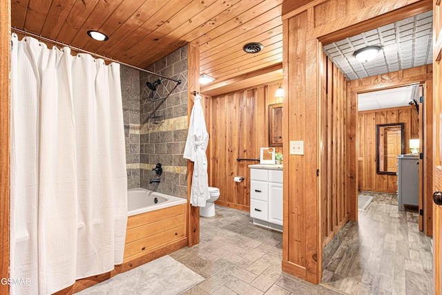 3115 E E Pkwy, Gatlinburg, TN 37738 - full bath featuring wooden ceiling, toilet, wooden walls, vanity, and shower / tub combo with curtain