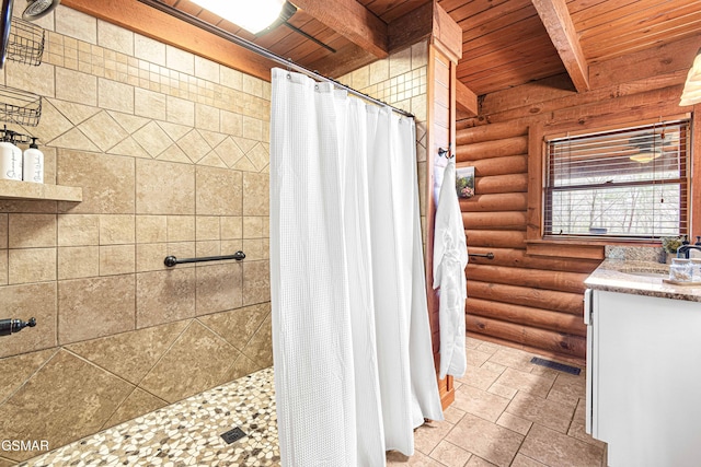 3115 E E Pkwy, Gatlinburg, TN 37738 - bathroom with wooden ceiling, stone tile floors, visible vents, and beamed ceiling