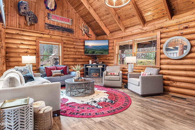 3115 E E Pkwy, Gatlinburg, TN 37738 - living room featuring high vaulted ceiling, wooden ceiling, wood finished floors, and beam ceiling