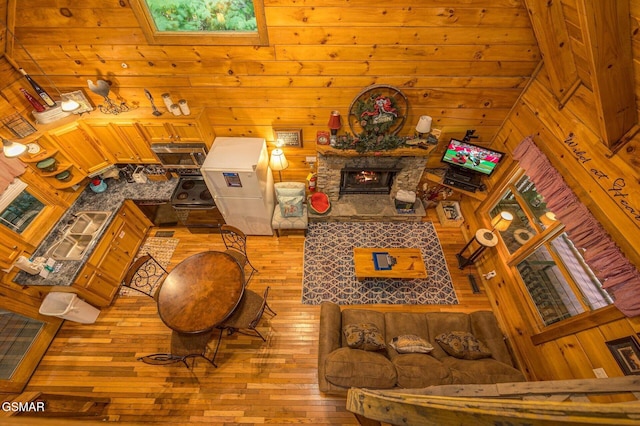 living room with a towering ceiling, light hardwood / wood-style flooring, and a stone fireplace