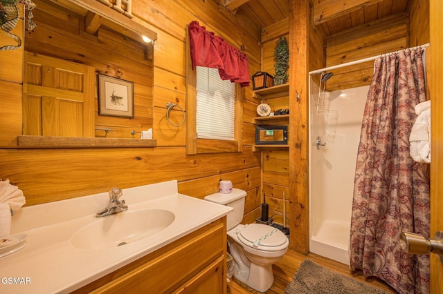 bathroom featuring vanity, wooden walls, wooden ceiling, toilet, and curtained shower