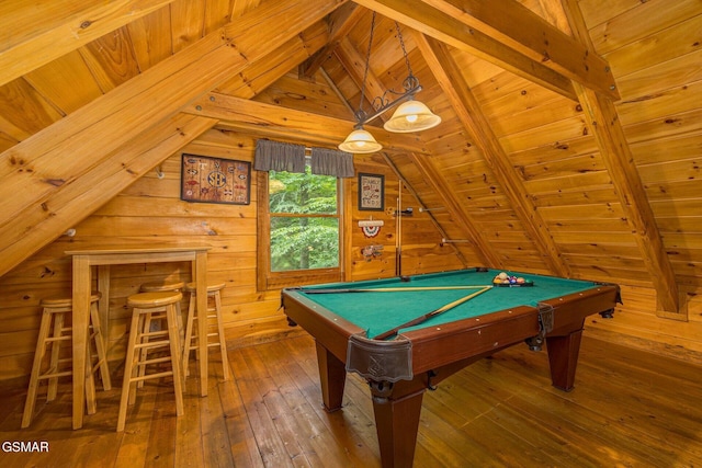 rec room featuring wood-type flooring, pool table, and wood ceiling