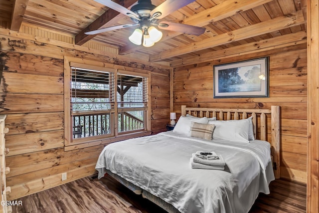 bedroom featuring dark wood-style floors, wooden ceiling, wood walls, and beamed ceiling