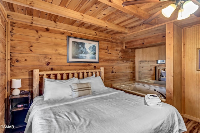 bedroom with wood ceiling, wood walls, wood finished floors, and beam ceiling