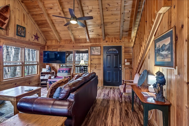 living room with lofted ceiling with beams, wooden ceiling, and wooden walls