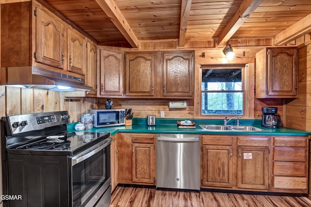 kitchen featuring appliances with stainless steel finishes, wood ceiling, wood walls, a sink, and under cabinet range hood