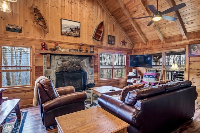 living room featuring a healthy amount of sunlight, wood walls, and wooden ceiling