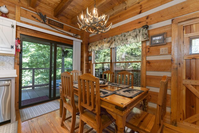 dining room featuring a healthy amount of sunlight, beam ceiling, light hardwood / wood-style flooring, wooden ceiling, and a notable chandelier